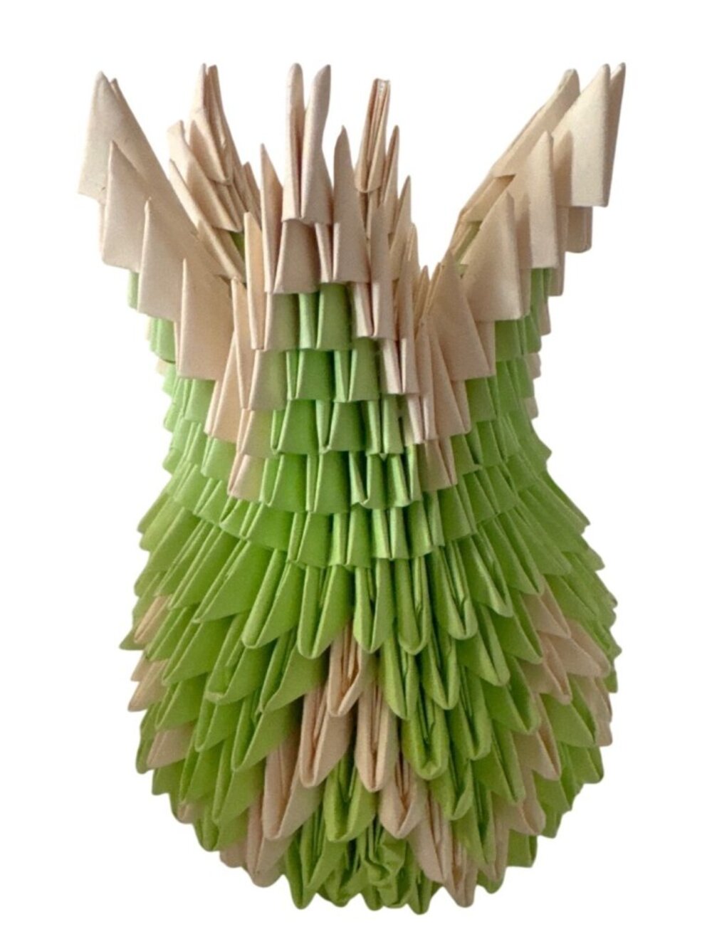 Handmade Origami 3D Vase With Green & Cream Spiked Design 8-Inch Paper Art Piece
